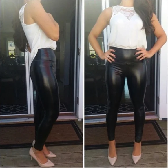 High Waist Rise Faux Vegan Leather Leggings Lined Sexy BLACK - Picture 2 of 5